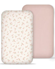 Meowcards muslin bassinet sheet in rosy pattern offering breathable, cozy comfort for newborn naps.