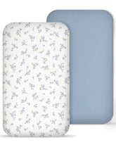 Meowcards muslin bedside bassinet sheets Bluebell Bloom pattern create a calming nursery aesthetic