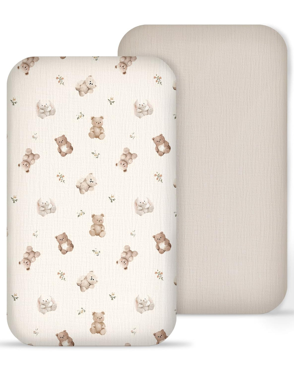 Meowcards muslin bedside bassinet sheets closeup show soft pattern for newborn comfort.