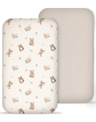 Meowcards muslin bedside bassinet sheets closeup show soft pattern for newborn comfort.