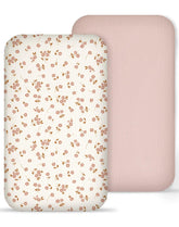 Meowcards muslin bedside sheets in floral pink offer gentle, breathable comfort for newborns.