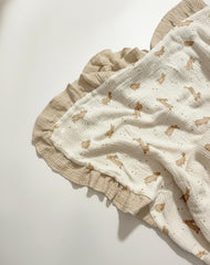Meowcards muslin swaddle ruffled edges add boutique style texture.