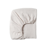 Meracorallo muslin fitted crib sheet fog, front view showing snug fit for standard cribs.