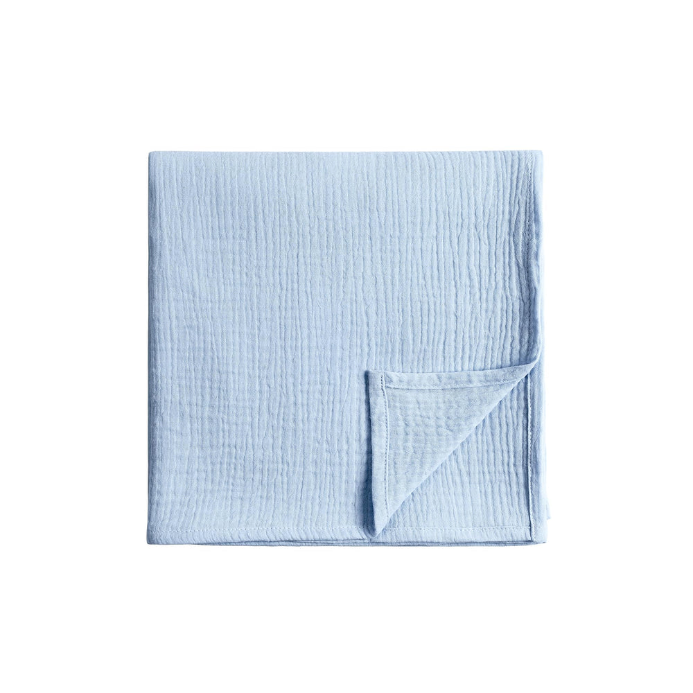 Meracorallo Muslin Swaddle Blanket laid flat in sky blue, breathable 100% cotton fabric.
