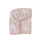 Meracorallo rainbow muslin fitted crib sheet shows a soft, breathable sleep surface for baby.