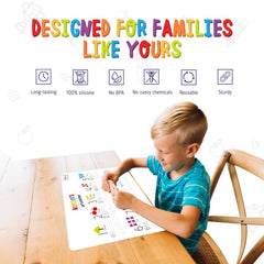 Merka dry erase name tracing placemat helps kids learn names during mealtimes.