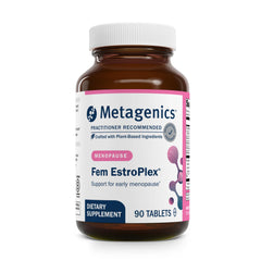 Metagenics Fem EstroPlex bottle on table highlighting balance support for women.