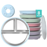MEUIS suction toddler plates with lids, divided sections for balanced meals and easy stacking.