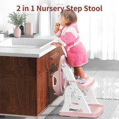 MeuLife Potty Seat pink folds into a two-step stool for reach at the sink.