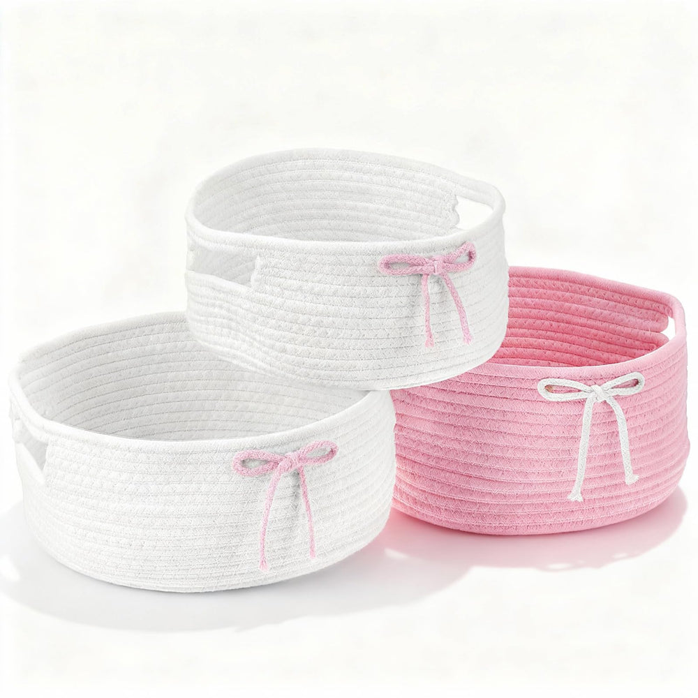 Meyeyaia Coquette Bow Hamper front view with durable cotton rope and decorative bow.