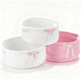 Meyeyaia Coquette Bow Hamper front view with durable cotton rope and decorative bow.