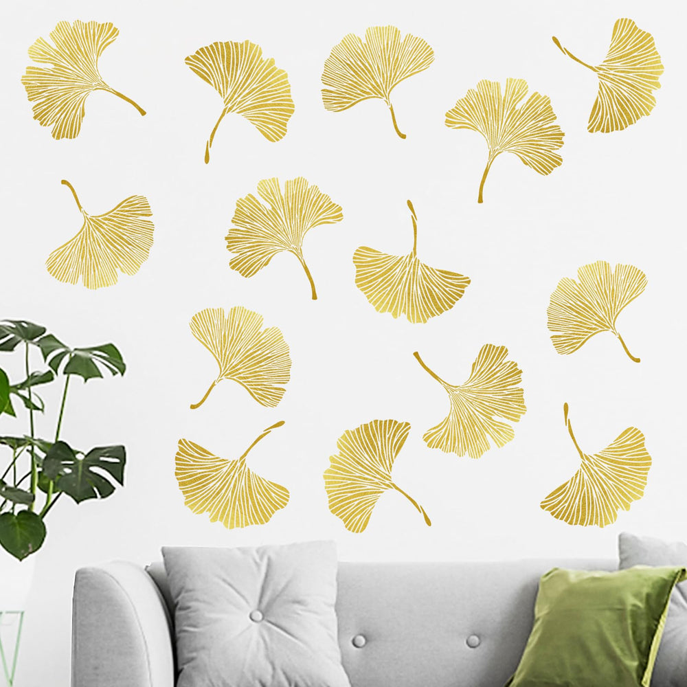 Mfault gold leaves wall decal featuring a ginkgo branch for a radiant living room focal point.