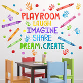 Mfault playroom decal with crayon handprints on wall for playful ambiance