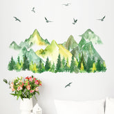 Mfault wall decals with mountain birds create a tranquil green landscape focal point, great for a calming bedroom.