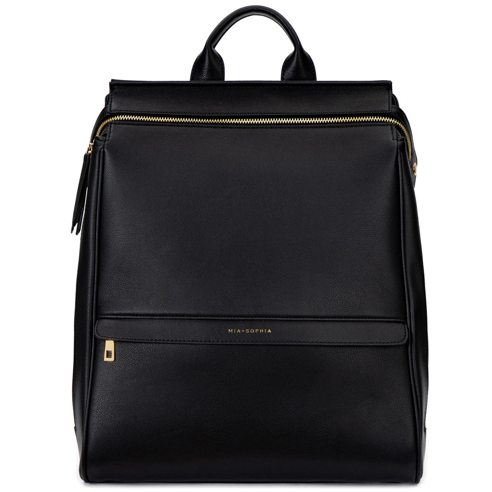 MIA + SOPHIA leather diaper bag backpack front view with stylish design and versatile storage.