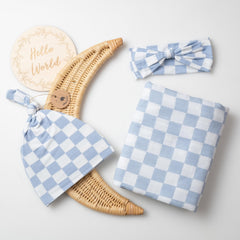 Miaoberry checkered muslin swaddle mist blue full shot ideal for everyday use
