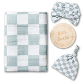 Miaoberry Sage Green Checkered Swaddle box and gifting set for easy gifting.