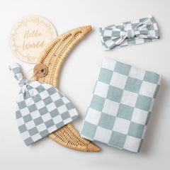 Miaoberry Sage Green Checkered Swaddle fabric close-up showing organic cotton texture.