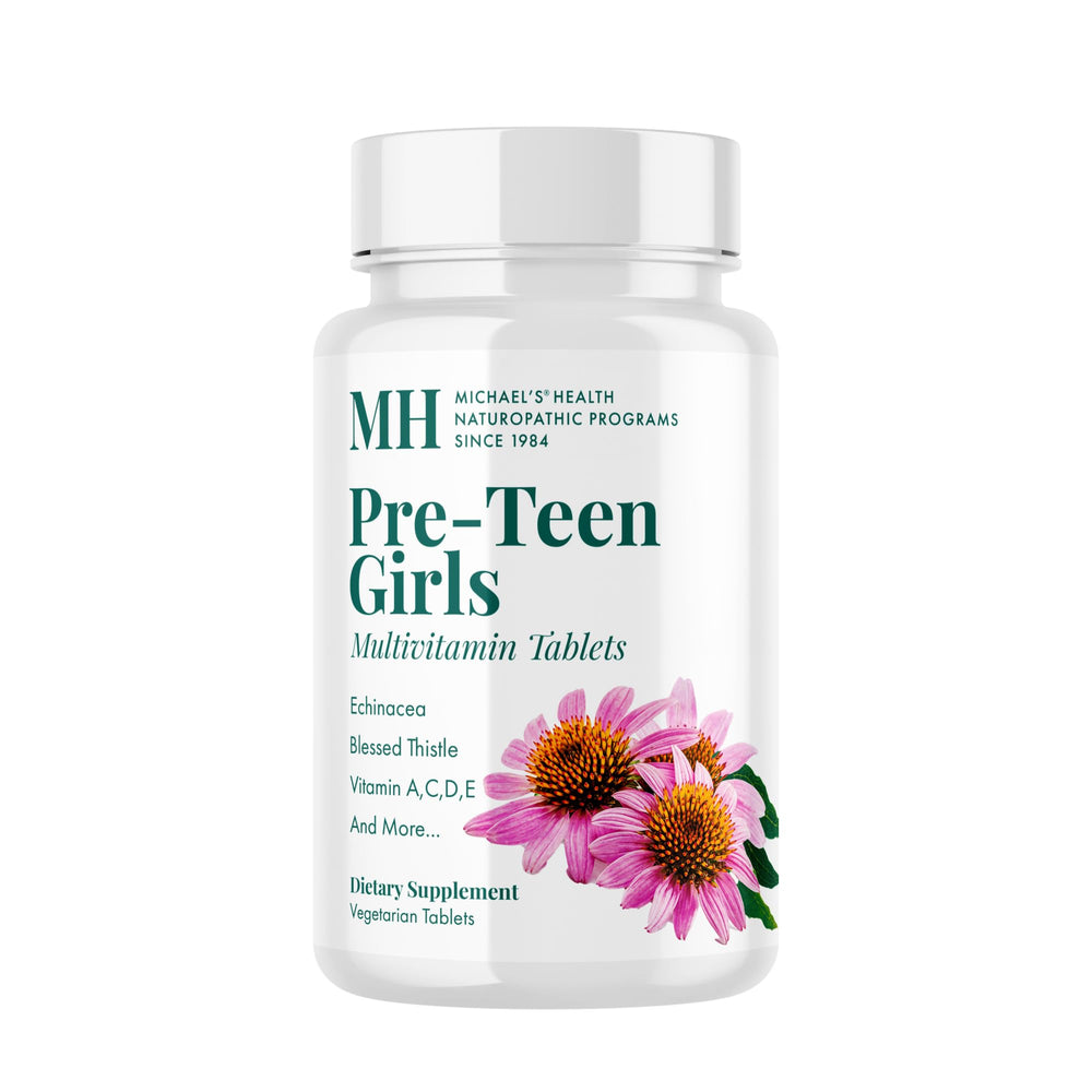 MICHAEL'S Health pre-teen girls bottle on table, showing growth support.