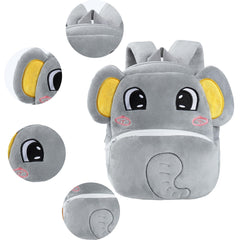 MICHLEY gray elephant backpack strap view, adjustable padded straps support growing shoulders.
