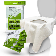 Mighty Clean XL toilet seat covers packaging shown, ready for travel and on-the-go use.