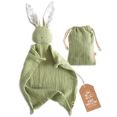 Mikito bunny lovey in organic cotton muslin with a 12x12 inch security blanket for babies.