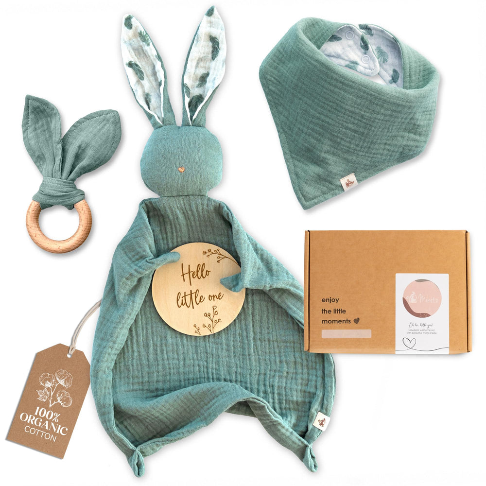 Mikito organic cotton newborn gift box front view; ready for gifting.