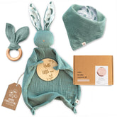 Mikito organic cotton newborn gift box front view; ready for gifting.