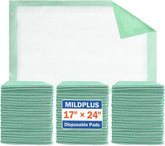 MILDPLUS underpad 17x24 green pack for light absorption and mess prevention.