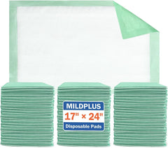 MILDPLUS underpad 17x24 green pack for light absorption and mess prevention.