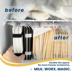 MilkWorx organizer keeps milk bags flat for uniform freezing and quick access