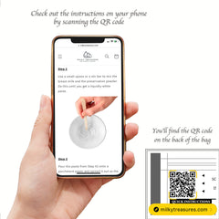 Milky Treasures preservation powder QR code on bag with setup instructions
