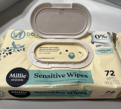 Millie Moon Sensitive Wipes close-up texture highlighting soft, biodegradable fibers for delicate skin.