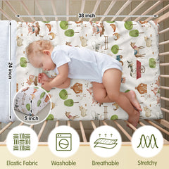 Mindsoft farm-animal crib sheet displayed on a mini crib for quick, effortless setup