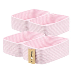 MiniArk compact 4-pack light pink baskets neatly organize small items on a shelf.