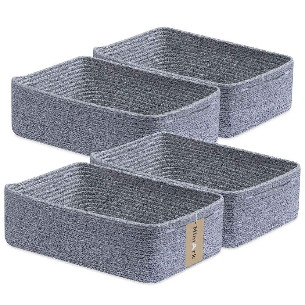MiniArk large shallow baskets for towels on bathroom shelves.