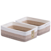 MiniArk large shallow basket in gradient brown holding towels on a bathroom shelf