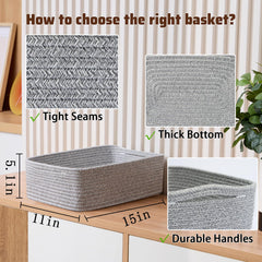 MiniArk rope-woven storage bin in grey, side view for shelves.