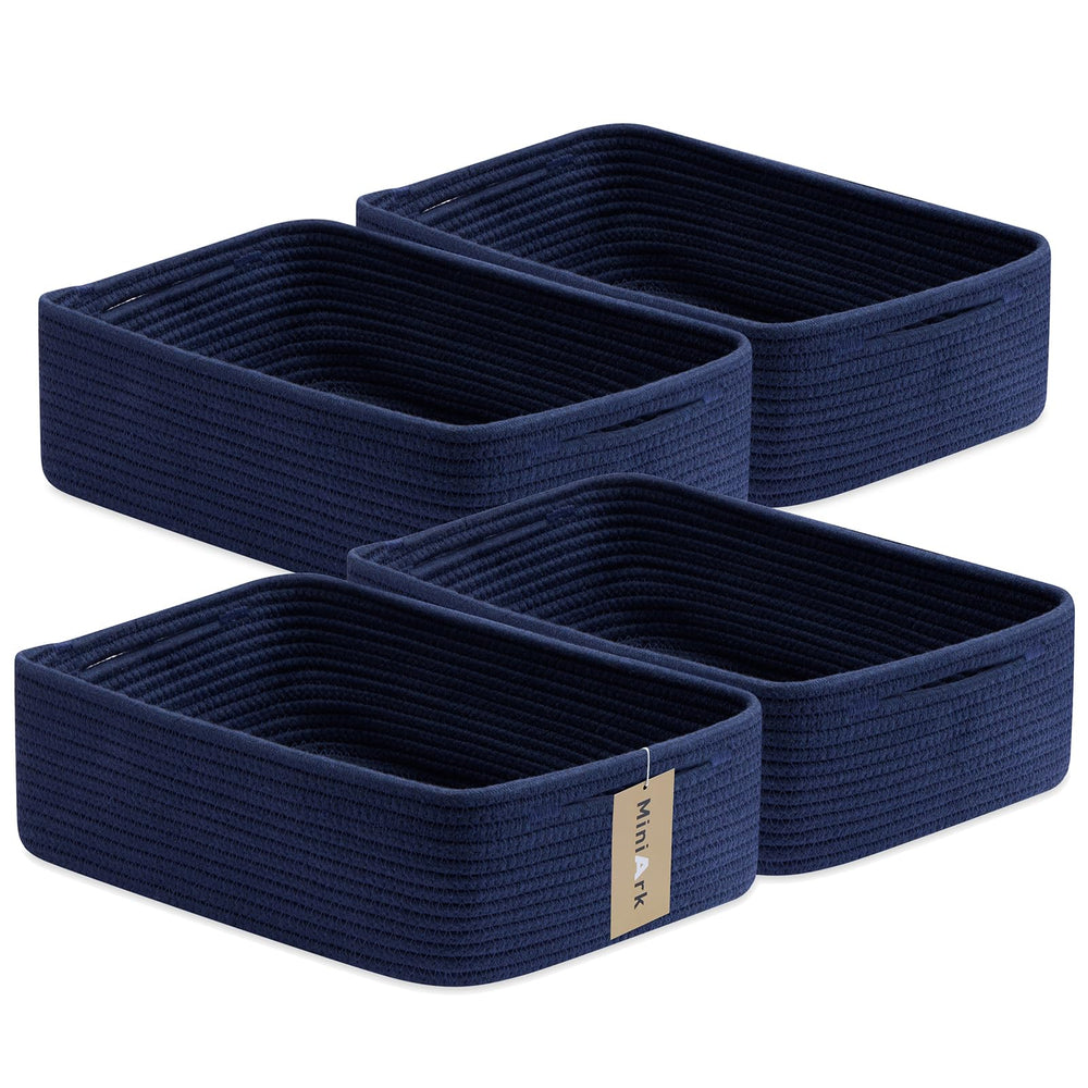 MiniArk large shallow navy blue basket for bathroom organization and towel storage.