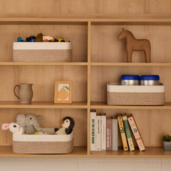 MiniArk large shallow basket on bathroom shelf keeps essentials organized and accessible.