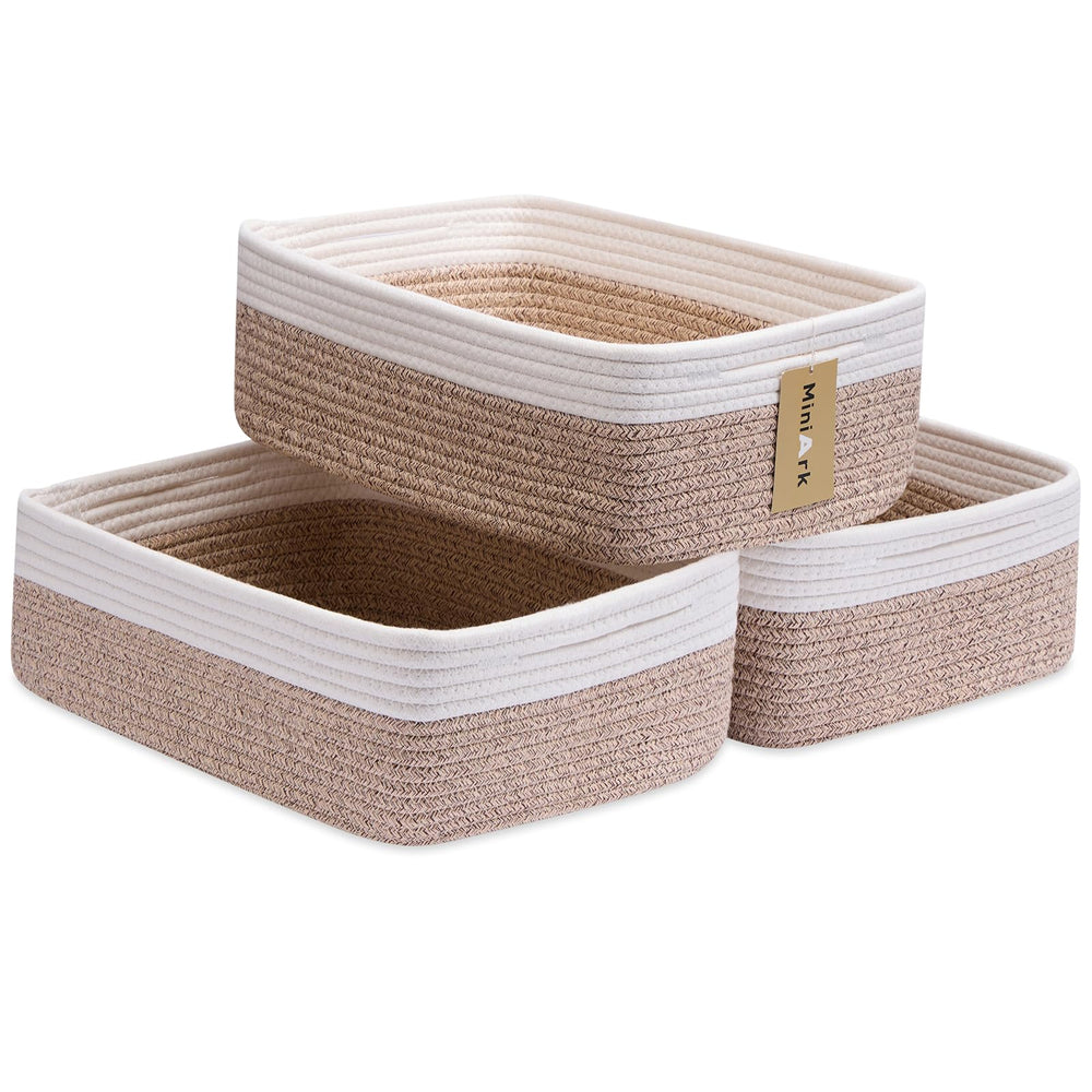MiniArk large shallow basket holds towels and blankets for tidy storage.
