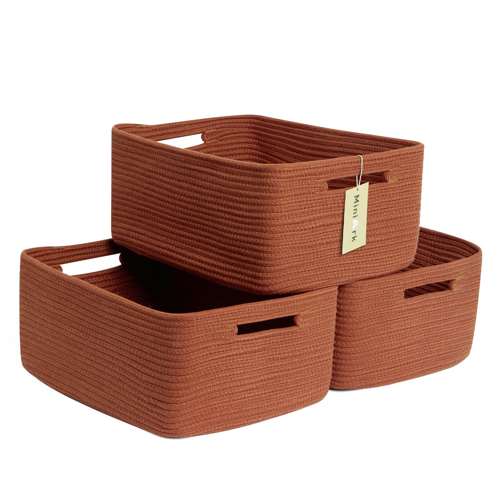 MiniArk large storage basket in oxide red on a shelf for easy wardrobe organization