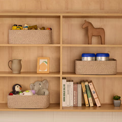 MiniArk textured storage basket on living room shelf adds style and order.