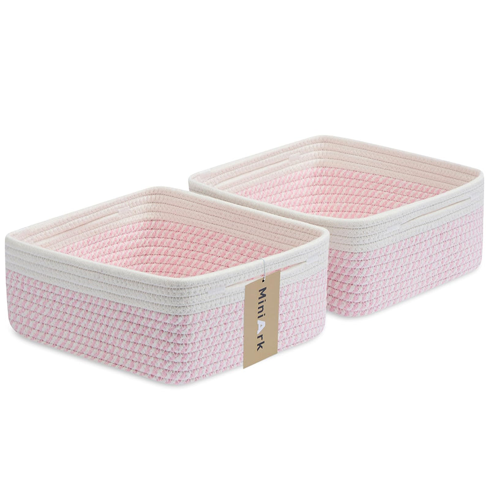 MiniArk small square shallow basket holding remotes for neat living room storage.