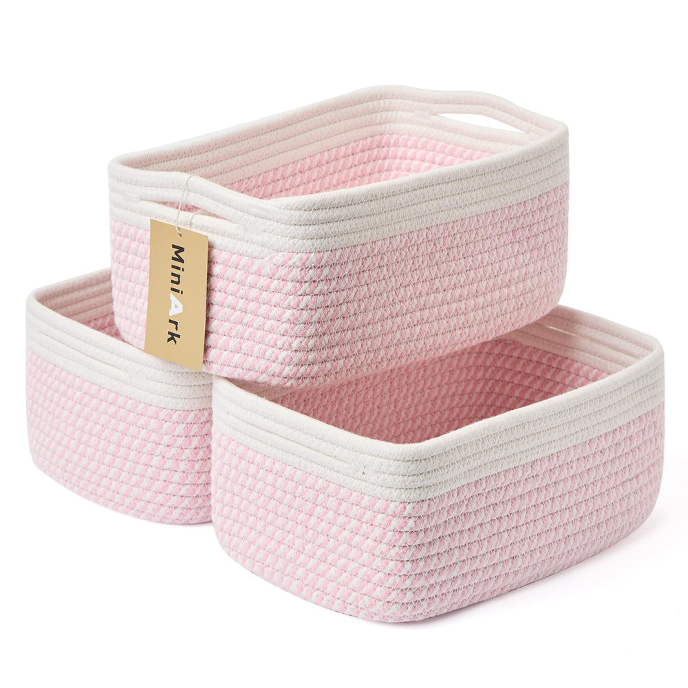 MiniArk small storage baskets in white and pink keep shelves tidy and organized