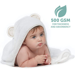 MINIBOO hooded towel highly absorbent bamboo blend dries baby quickly.