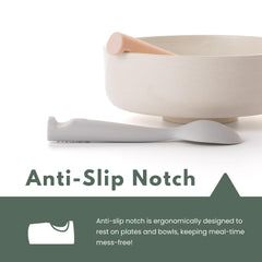 Anti-slip notch keeps spoons resting on bowls to reduce mess