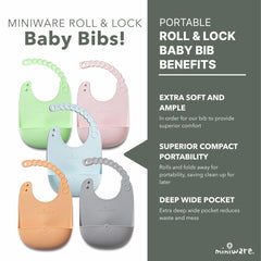 Miniware bib shows a food catcher pocket to trap crumbs during meals.