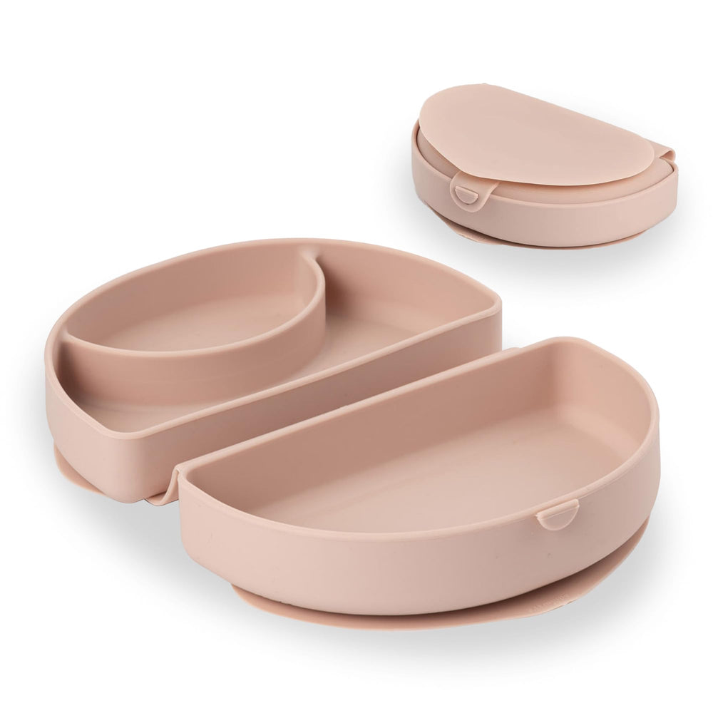 Miniware Silifold folded plate in pink showing compact on-the-go design with two compartments