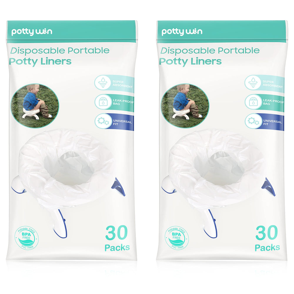 Minne Baby universal-fit potty liners on portable potties for quick cleanup.